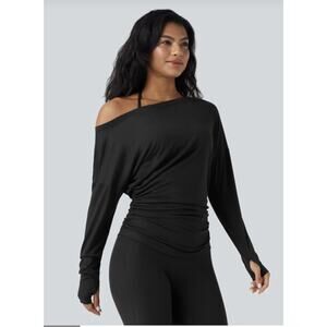 NWT One Shoulder Long Sleeve Thumb Hole Ruched Yoga Sports Top Black XL